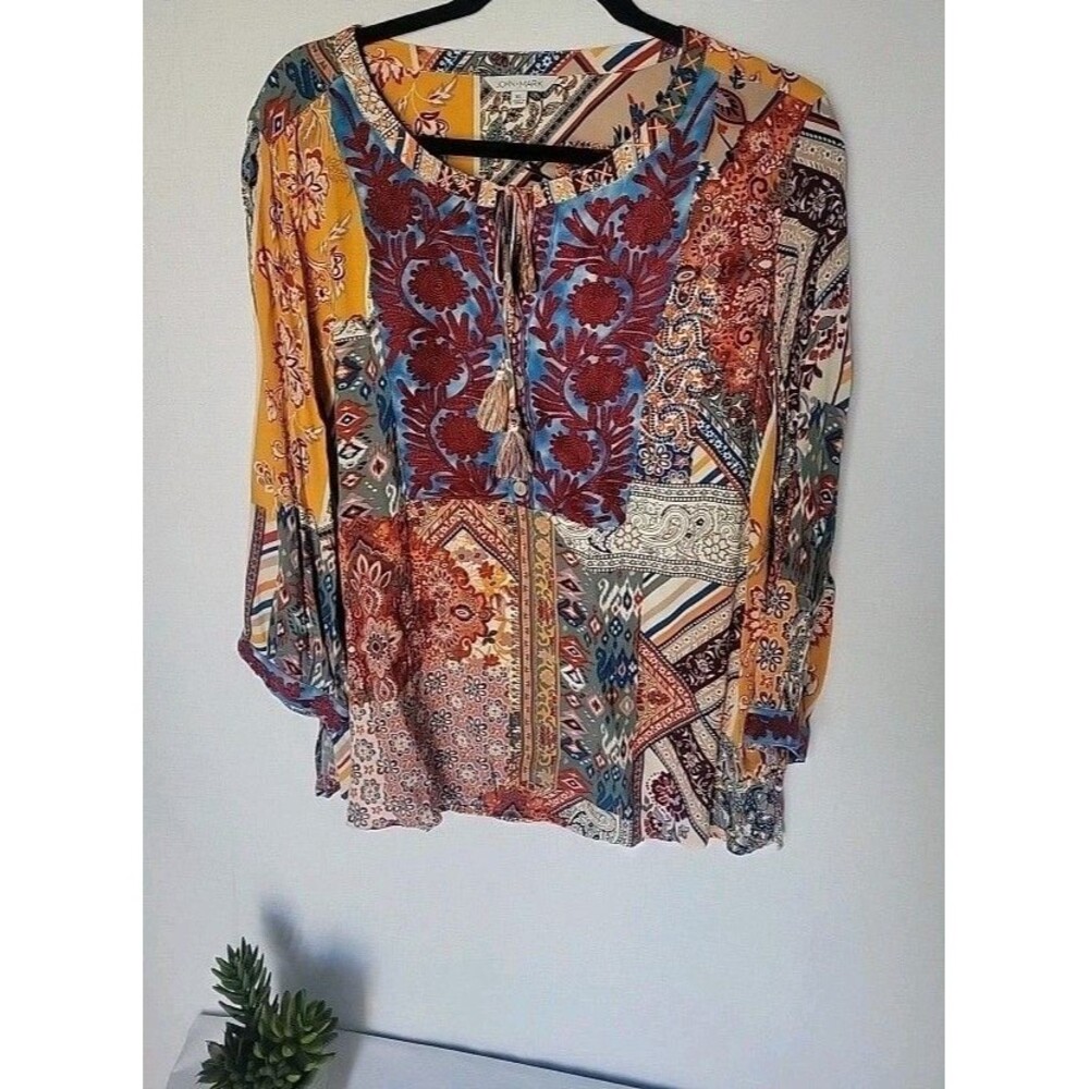 JOHN MARK XL Boho Patchwork Floral Print Button Front Tunic Top Artsy Western